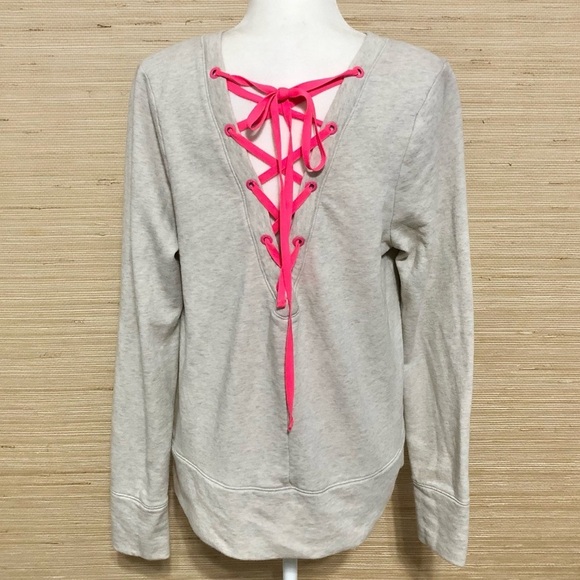 VS Sport Women's Oatmeal Tunic Bright Pink Lace-Up Back Sweater Size Medium - Picture 5 of 7
